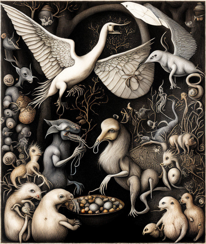 Fantastical Creatures in Surreal Black and White Artwork