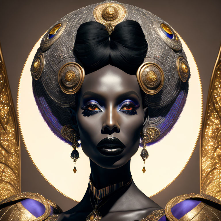 Futuristic woman portrait with ornate headdress and vibrant makeup