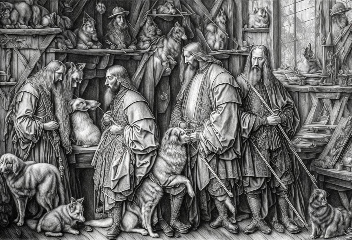 Monochrome illustration of medieval fantasy characters in cluttered workshop