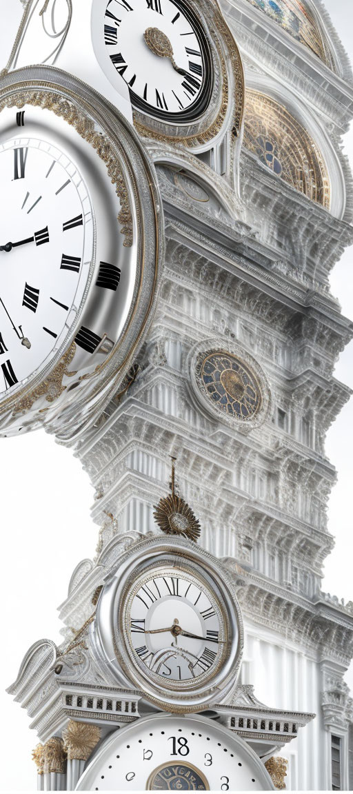 Intricate ornate clock faces blend in vertical collage