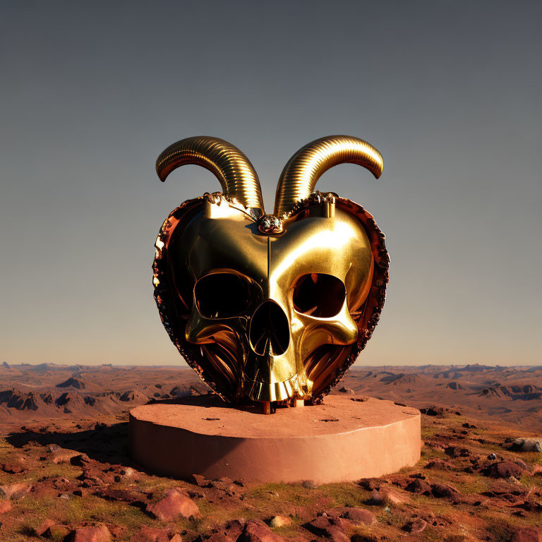 Golden skull sculpture with ram horns in desert landscape