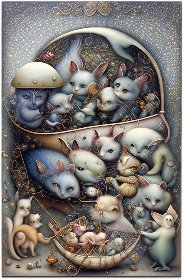 Surreal humanoid rabbits in whimsical setting with star-studded background