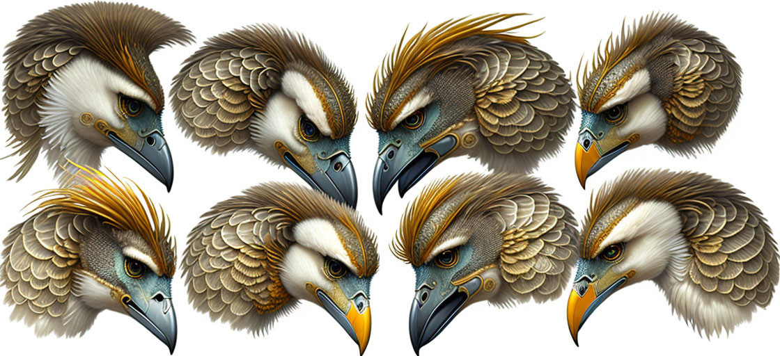 Six stylized eagle head illustrations with unique feather patterns and colors in a row