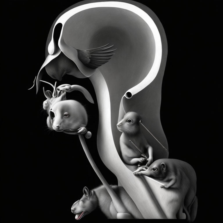 Surreal black and white illustration merging animals into flowing form