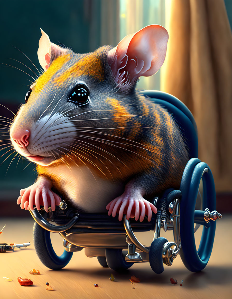 Anthropomorphic Mouse in Wheelchair Surrounded by Pencil Shavings