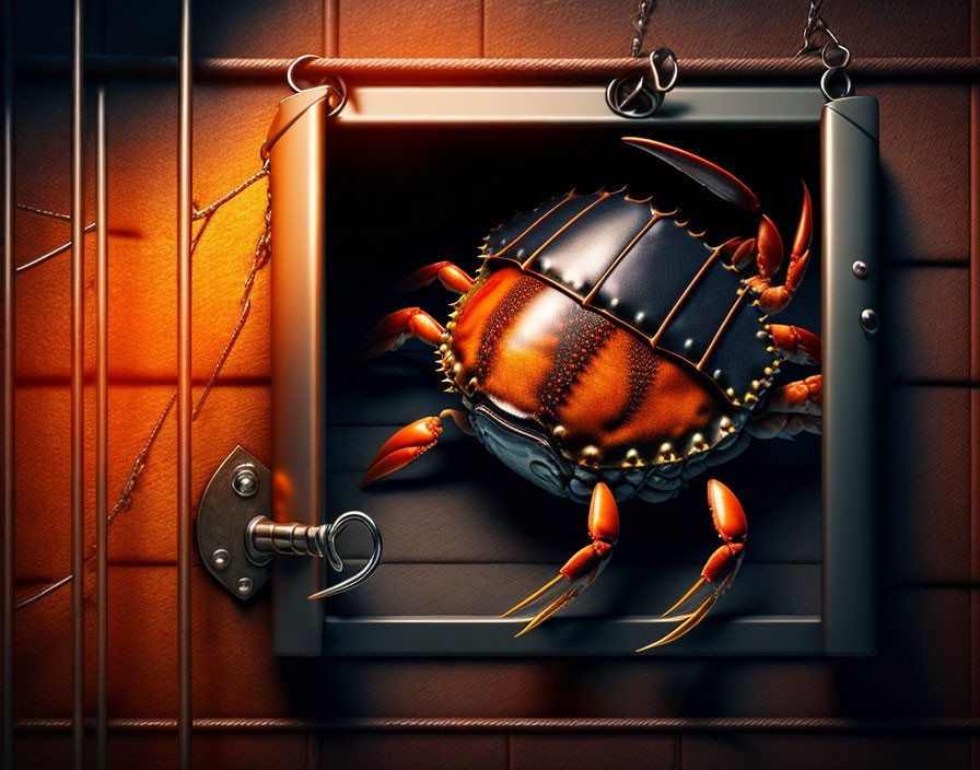 Realistic digital artwork of crab in leather-textured shell inside metal briefcase against orange tiled wall