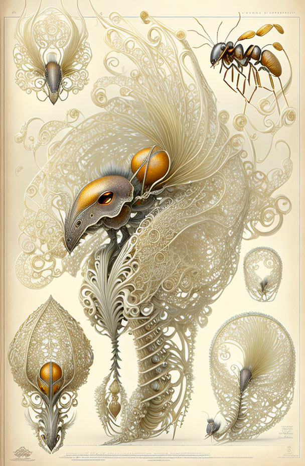 Fantastical art piece featuring stylized insects and creatures with intricate patterns.