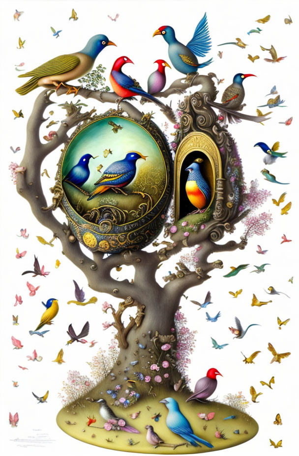 Fantastical tree with colorful birds and ornate nests.