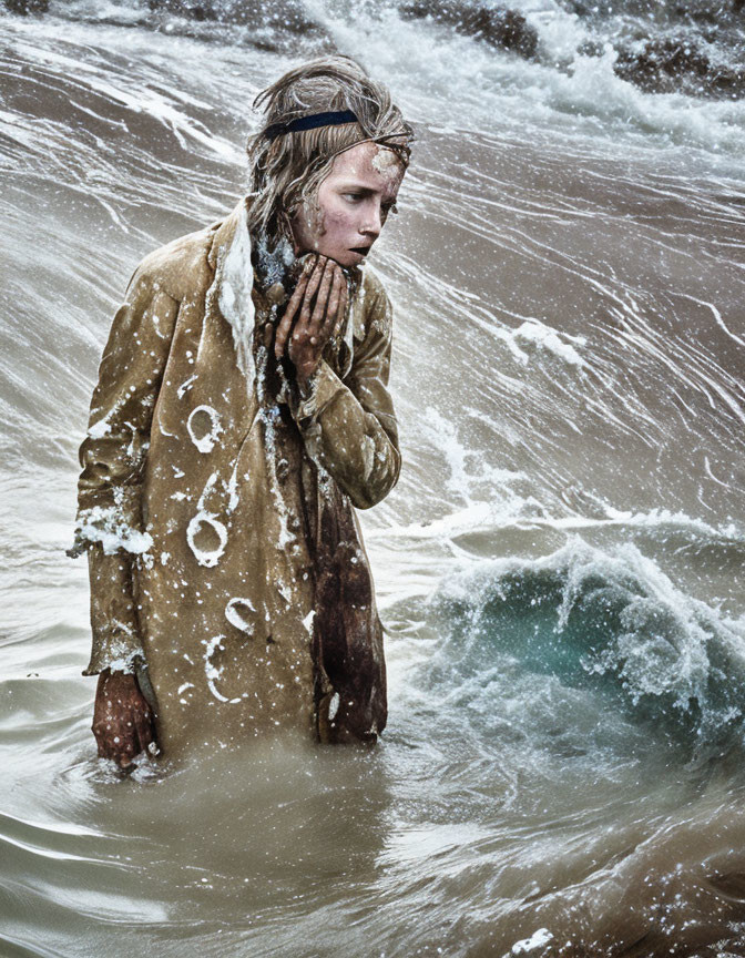 Person in tattered beige coat standing in shallow, turbulent water