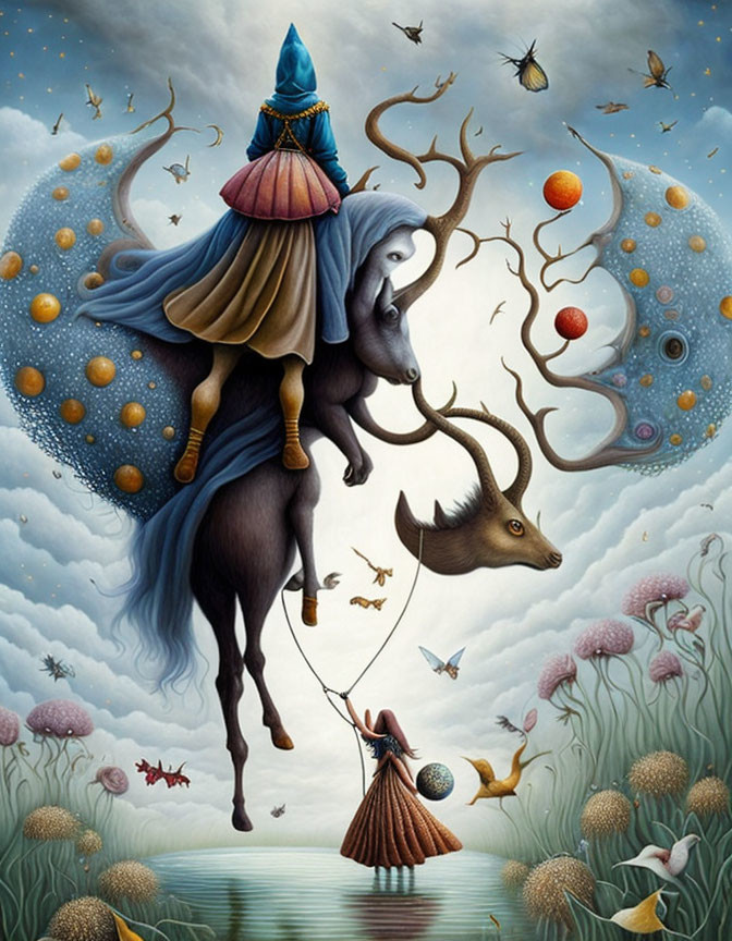 Whimsical painting: Figure riding elk with flowing garments, clouds, orbs, flying fish