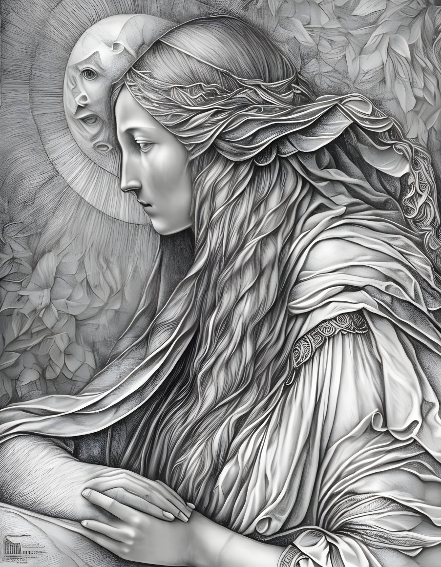 Detailed grayscale illustration of woman in robes with feathered headwear and moon face.