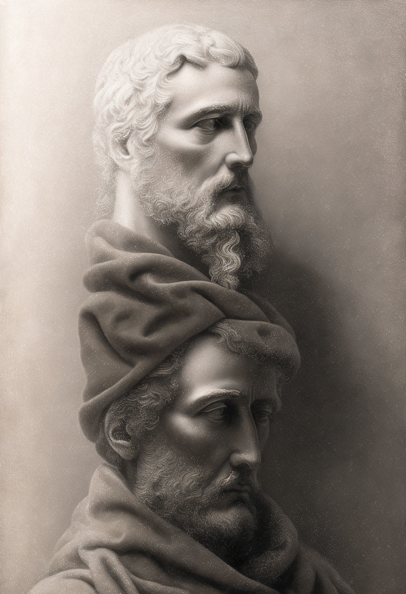 Classical busts: Bearded man facing left above, man with downcast eyes below