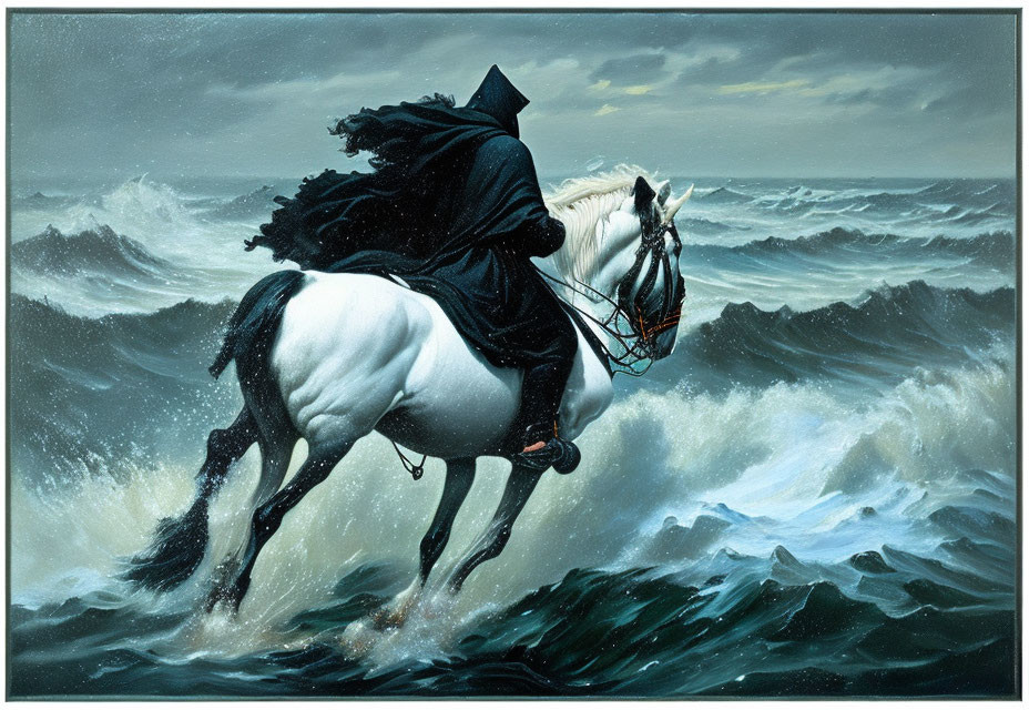 Cloaked Figure on White Horse in Turbulent Ocean Storm