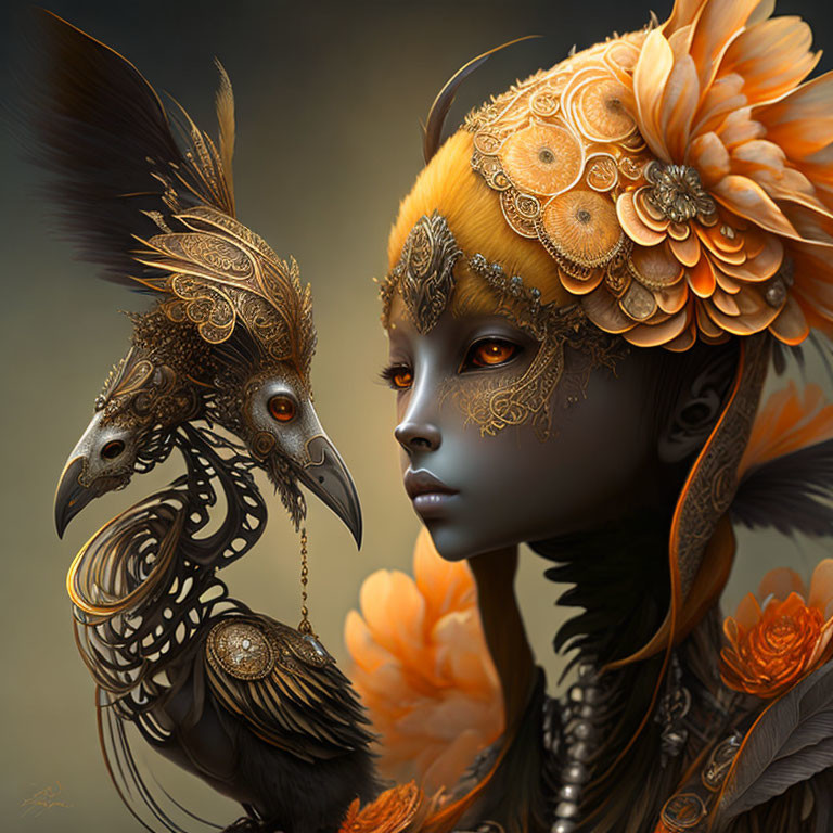 Fantasy portrait with ornate bird-like features and golden headdress