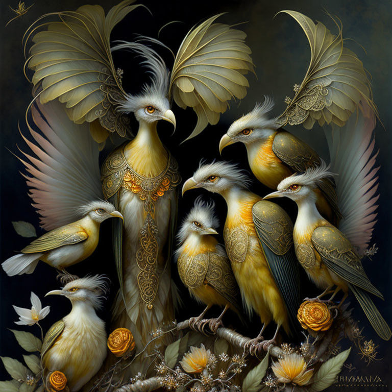 Mystical birds with human-like faces and golden ornamental patterns surrounded by feathers and florals