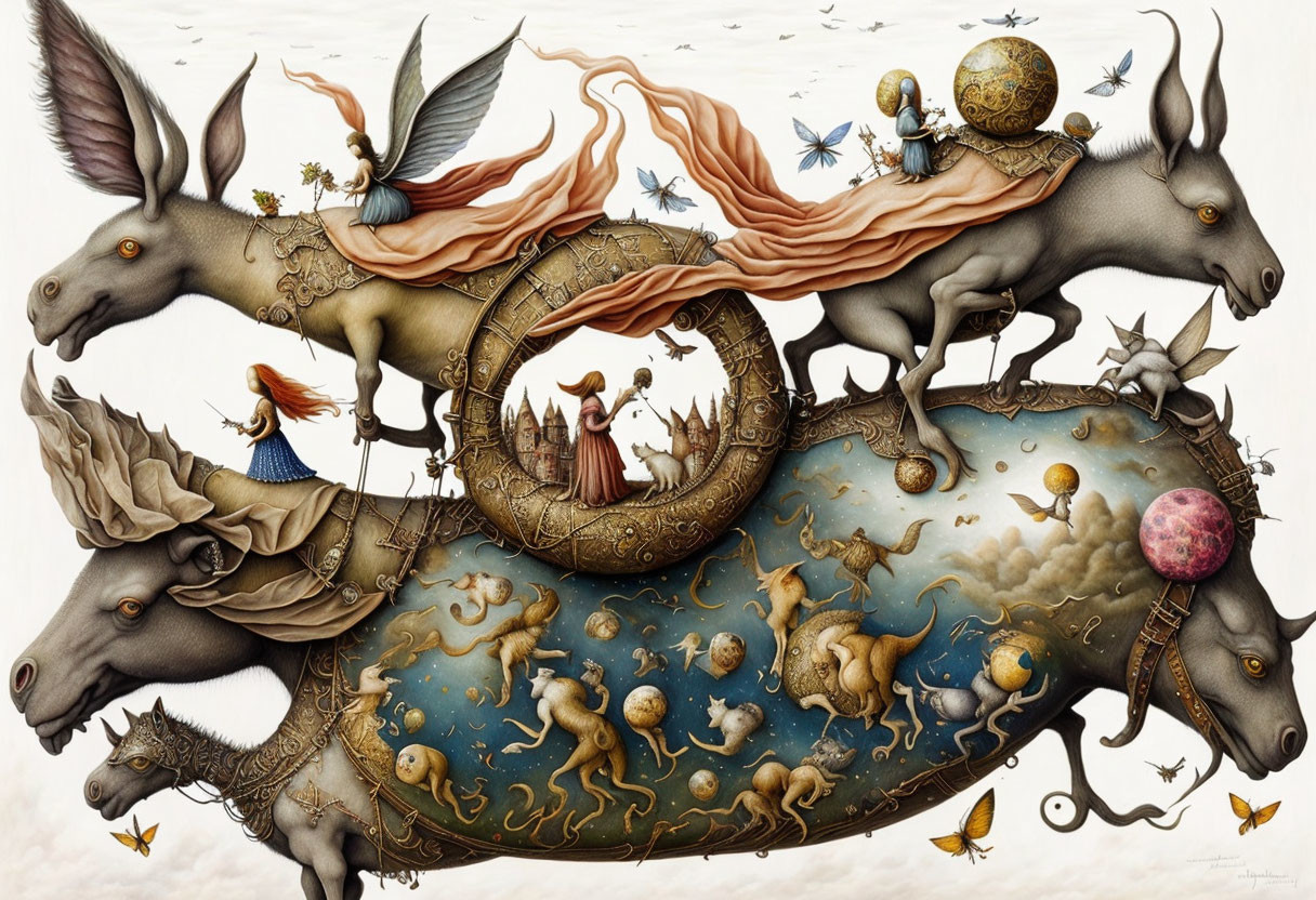 Surreal painting with donkey-headed contraptions, woman in wheel, planets, fantastical