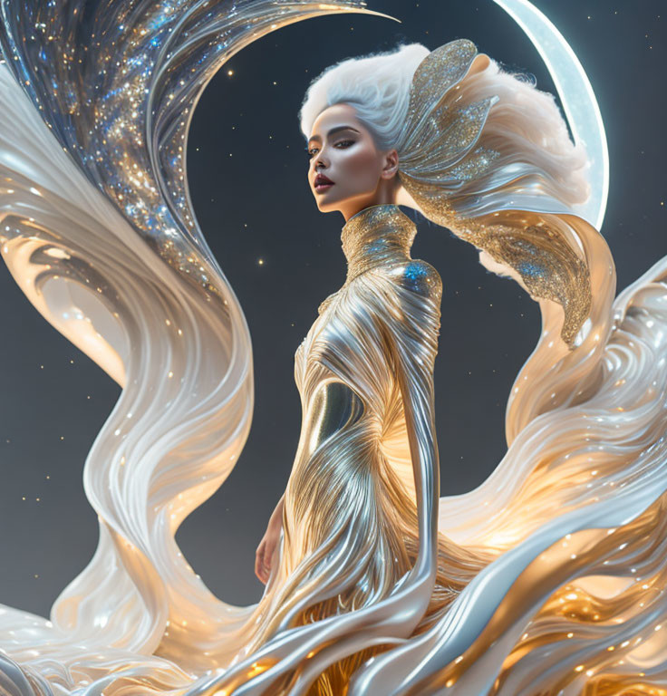 Surreal portrait of woman in golden garments against celestial background