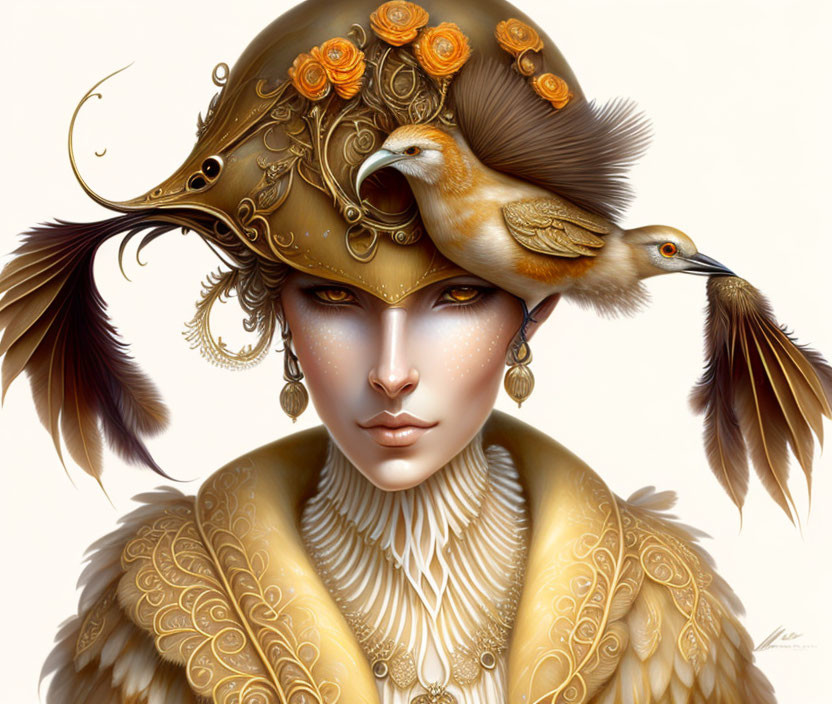 Person with Bird-Like Features Wearing Decorative Helmet with Feathers and Flowers