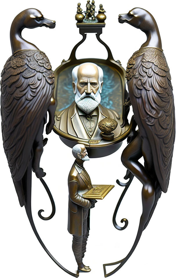 Bearded man portrait with birds, figure holding book and orb on white background