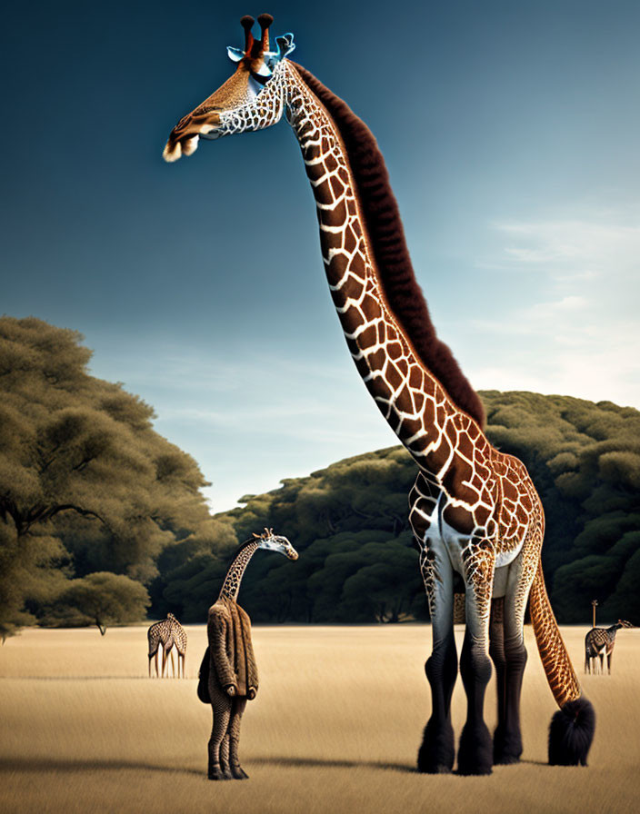 Digitally altered image of giraffe with long neck in savanna landscape