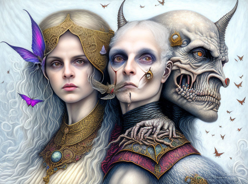 Fantasy illustration of angelic and skull-faced characters with butterfly.