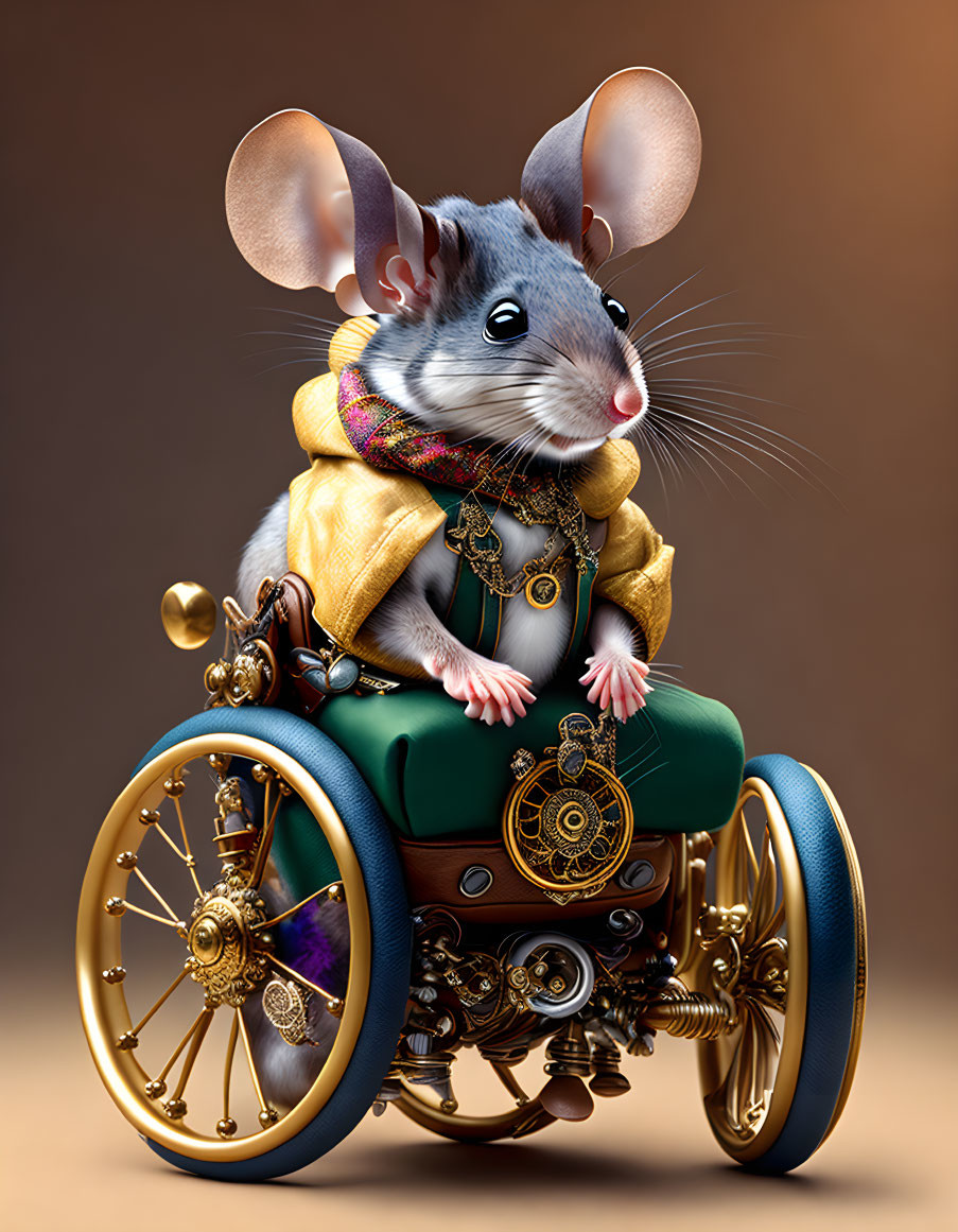 Steampunk wheelchair mouse in yellow jacket and green vest