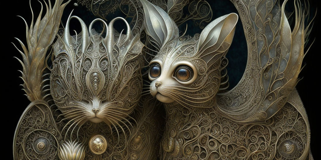 Detailed steampunk-inspired illustration of ornate rabbits with filigree designs.