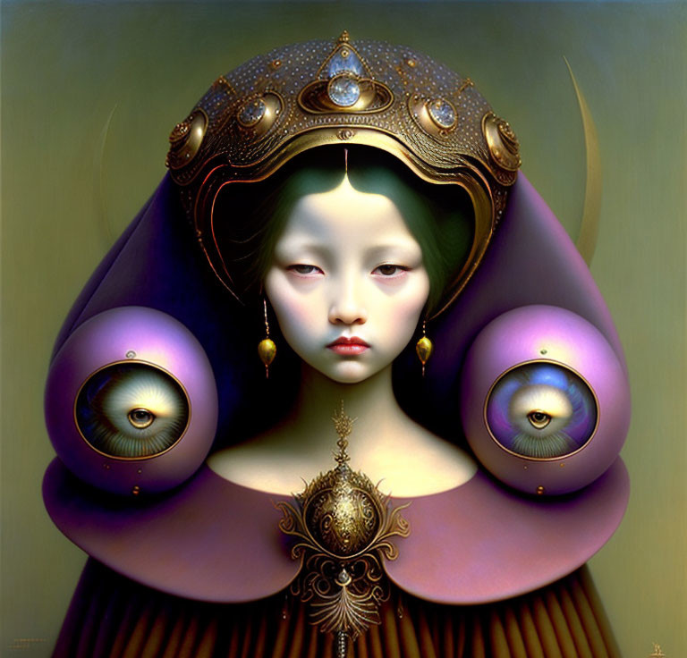 Surreal portrait of a girl with ornate helmet, eyes on shoulders