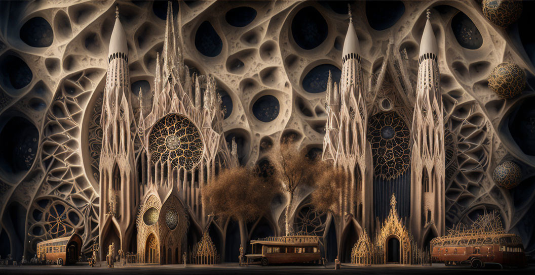 Fantastical Gothic cityscape with bone-like buildings and hovering structures