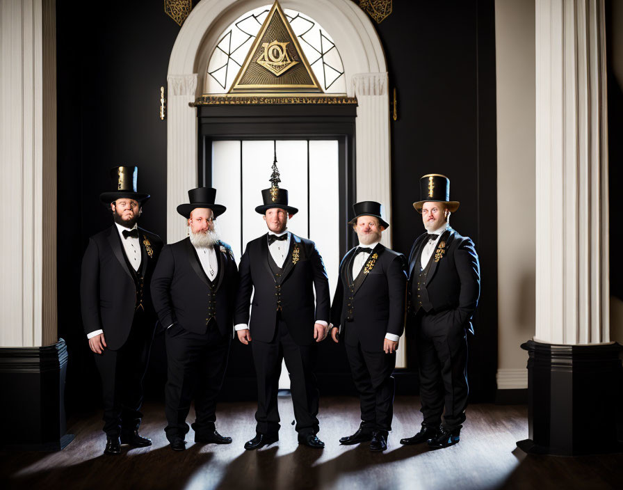 Five Men in Formal Attire with Top Hats Standing in Dark Room