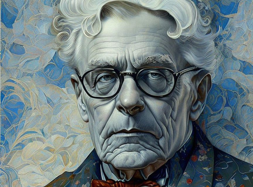 Elderly man with glasses and bow tie on blue patterned background