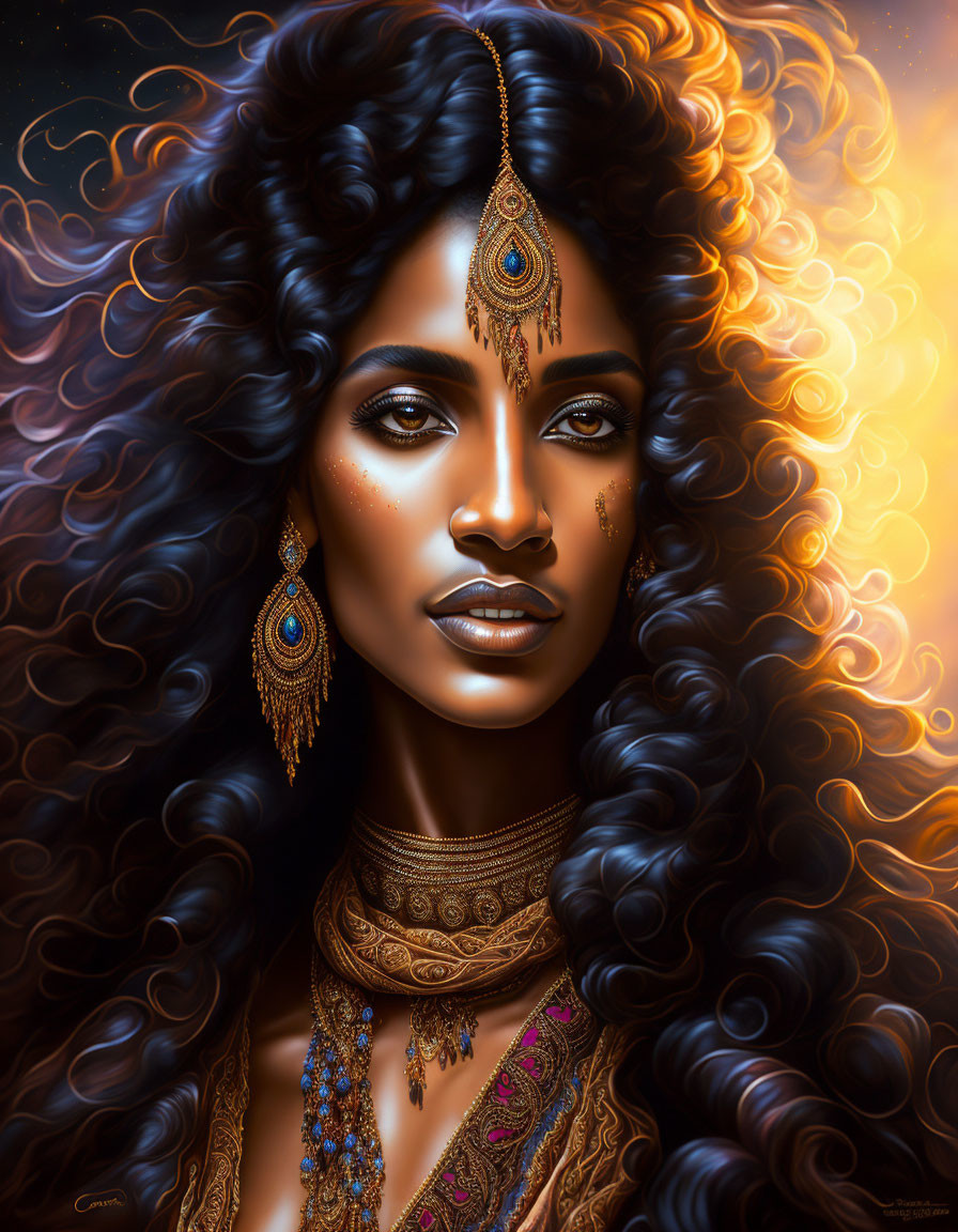 Dark-skinned woman with curly hair in digital artwork wearing gold jewelry