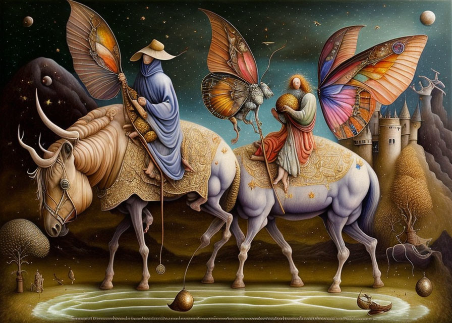 Surreal artwork: Two knights with butterfly wings, riding ornate oxen in fantastical landscape