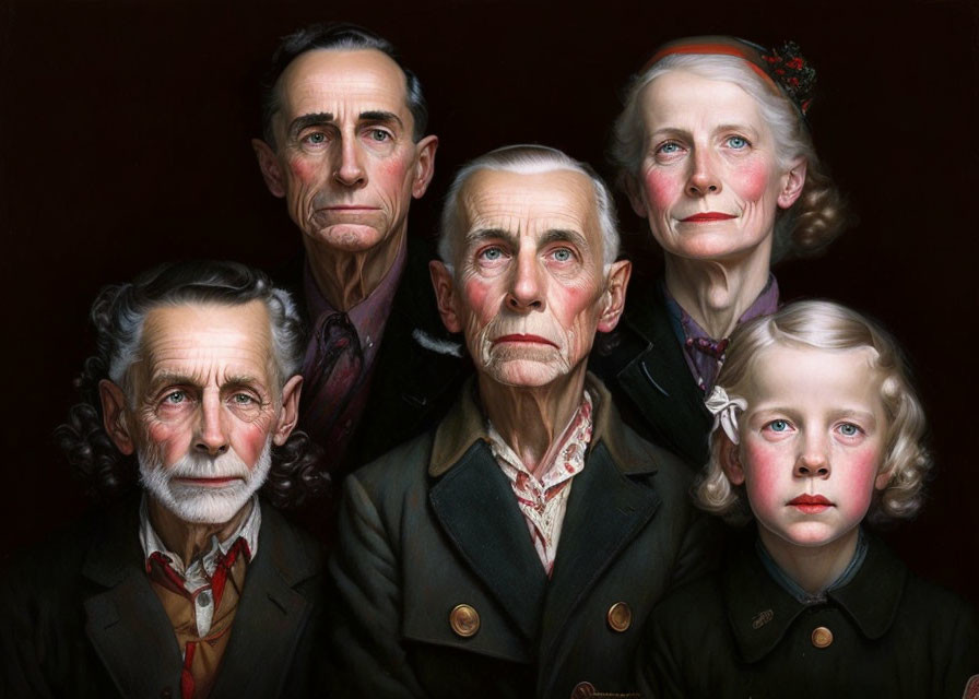 Realistic family portrait with two older men, an older woman, and a young girl in solemn expressions