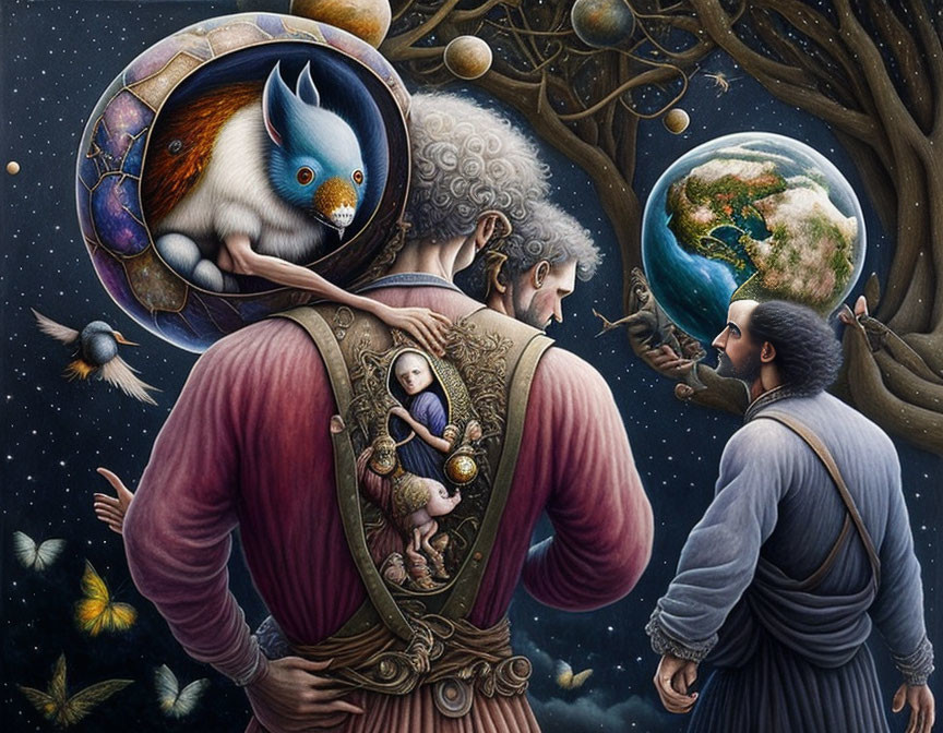 Surreal painting with man, tree, planets, squirrel, doll, and observer