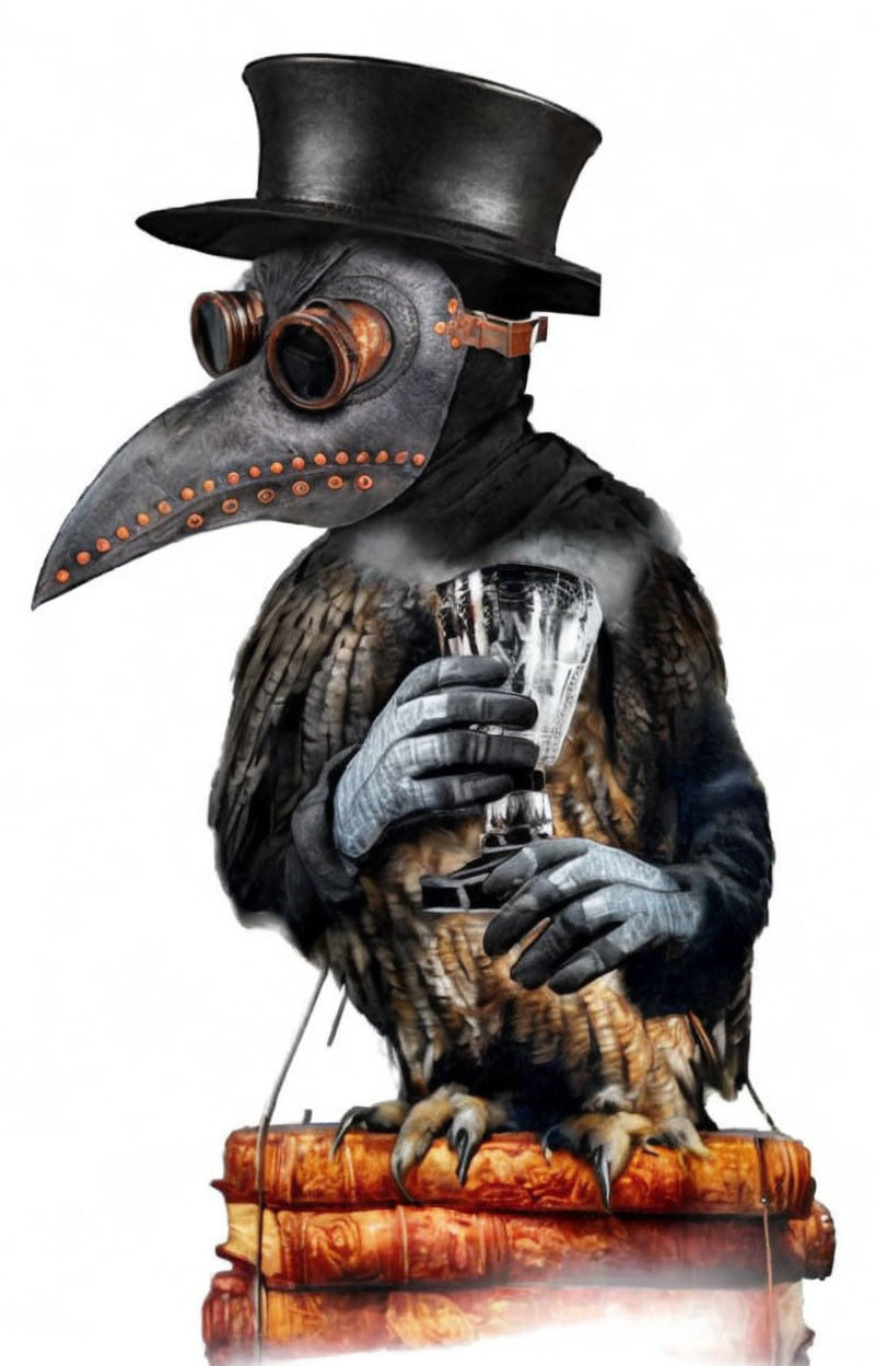 Raven in plague doctor mask with top hat, holding glass on books