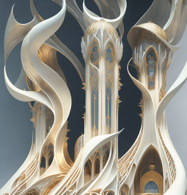 Surreal architecture with bone-like towers and ornamental details