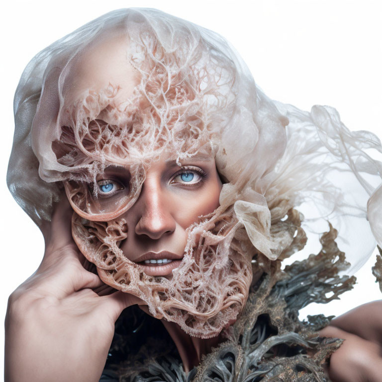 Intense blue-eyed person in textured headpiece and intricate garment on light background