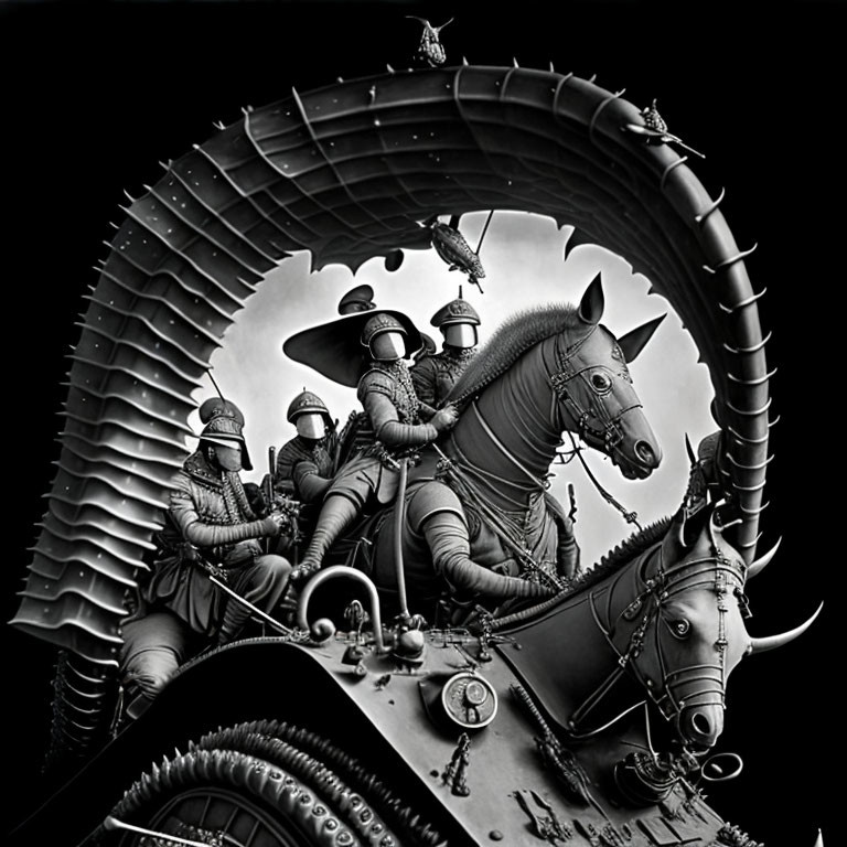 Monochrome surreal artwork: Knights on mechanical horse in gear-like frame