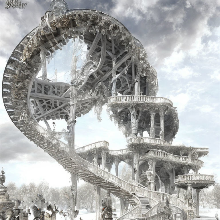 Intricate Frozen Ferris Wheel and Staircase in Snowy Landscape