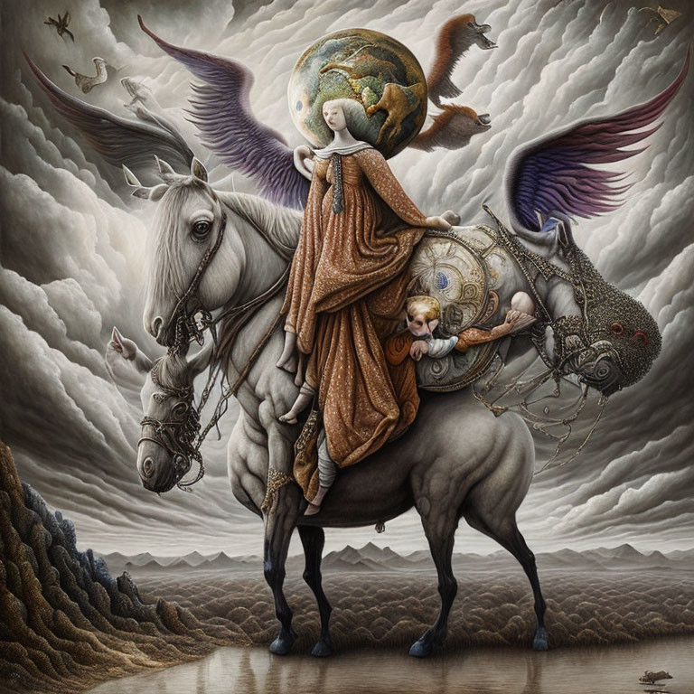 Surreal painting of winged woman on horse with globe and clockwork contraption