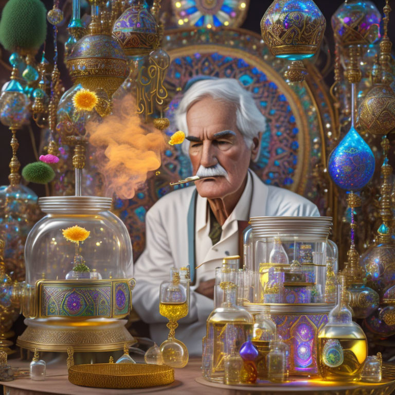 Elderly man with mustache smoking cigar in dimly lit setting surrounded by ornate glass apparatus