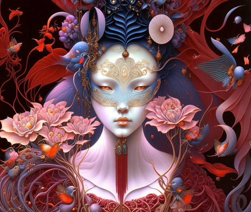 Detailed Fantasy Figure with Mask Surrounded by Flowers and Birds