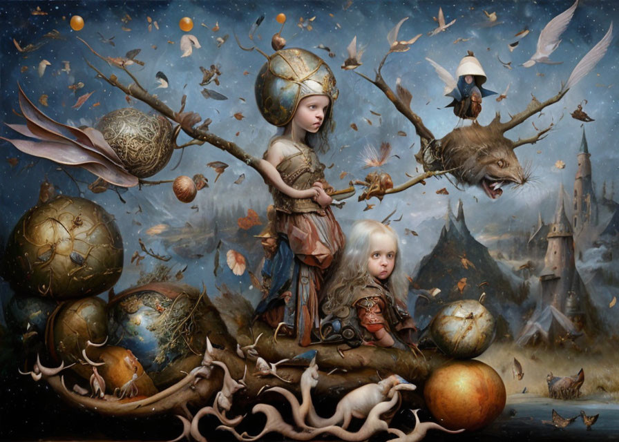 Surreal painting of children in fantastical landscape