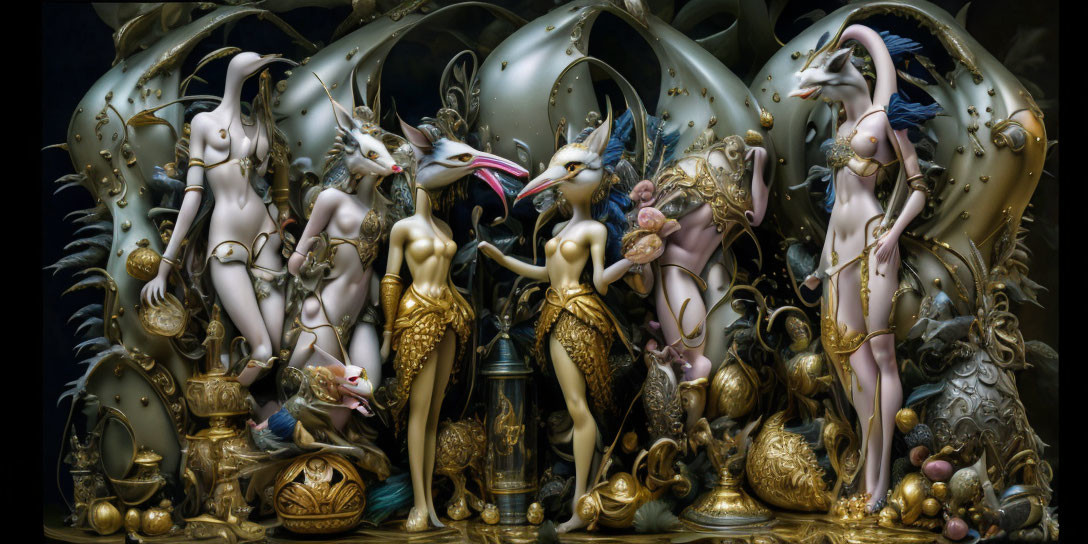 Fantasy sculpture: Anthropomorphic creatures with avian and ungulate features, adorned in gold, against