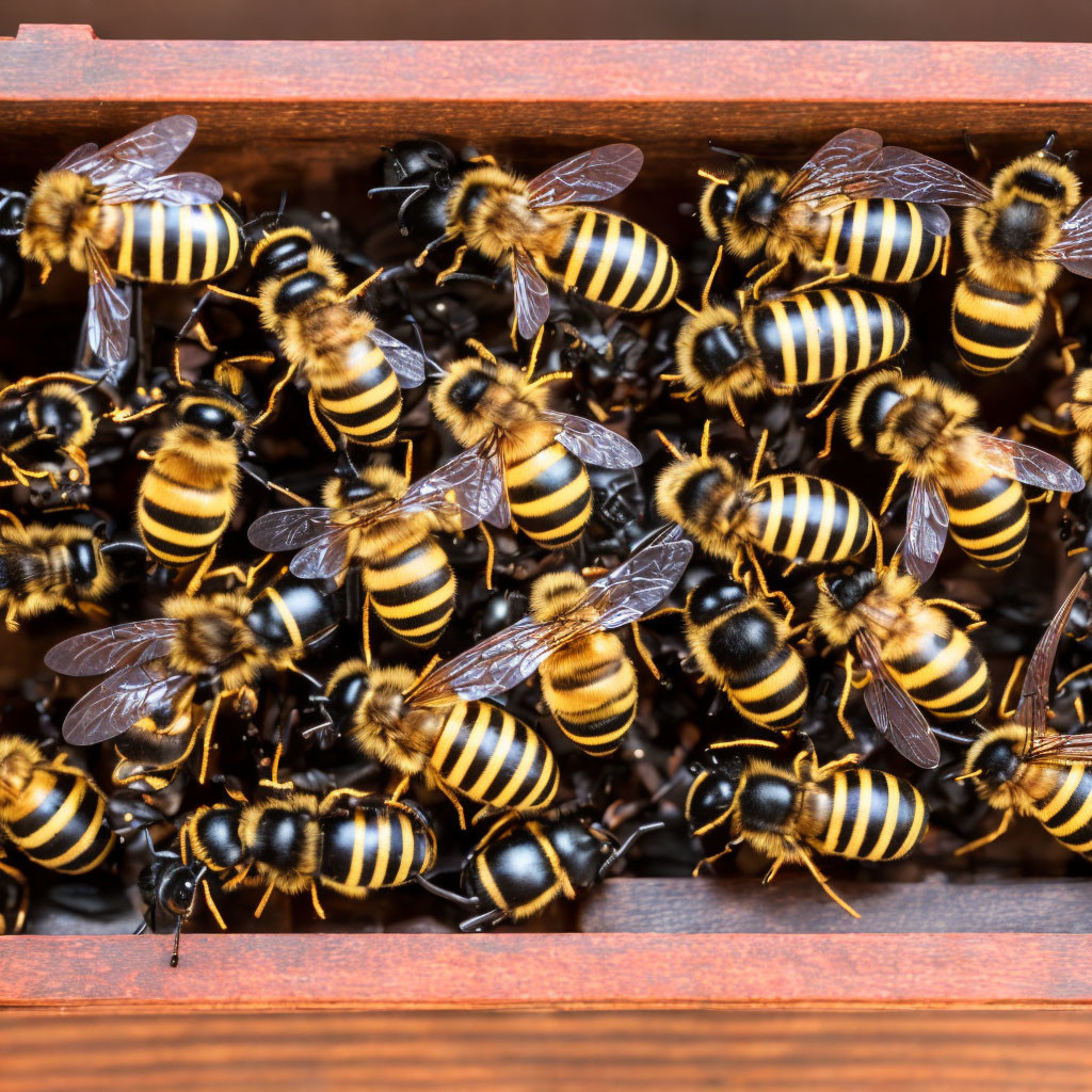 Numerous Bees with Yellow and Black Stripes on Wooden Structure