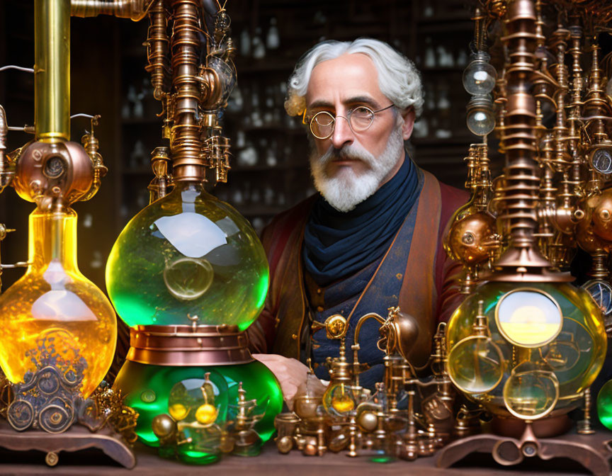 Elderly man with beard and glasses in steampunk scene with brass devices and green glass orbs