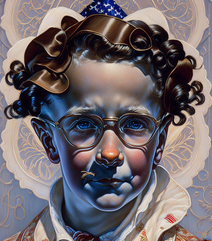 Stylized portrait of a tearful child with round glasses and American flag in hair