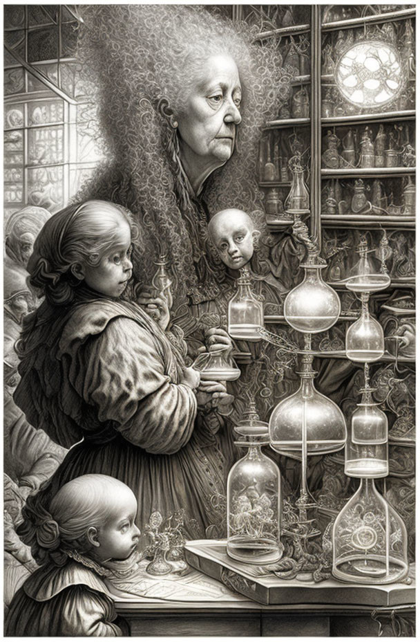 Detailed black and white illustration of elderly woman and girl surrounded by curious items.