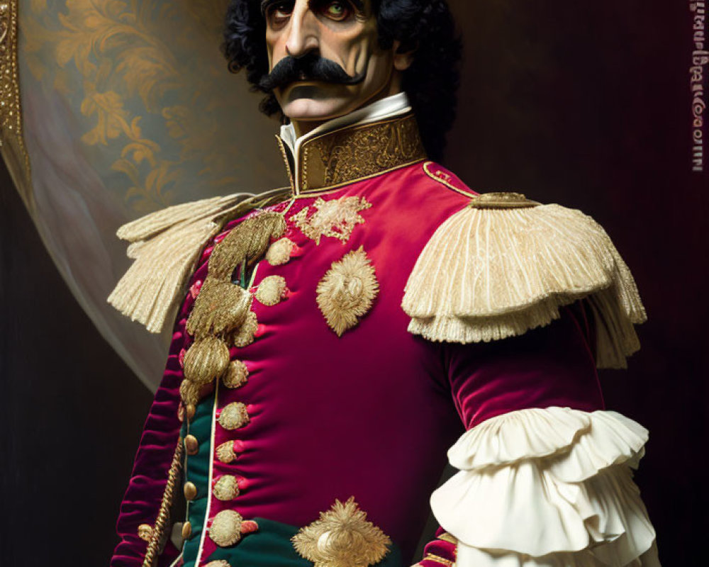 Regal man in red uniform with mustache and medals against dark background